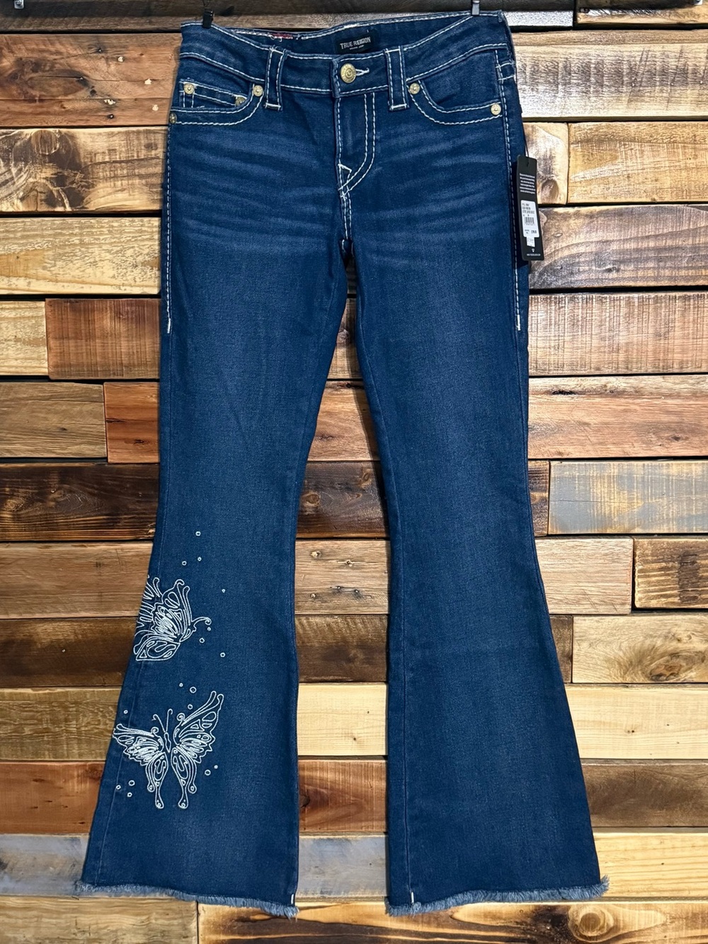 True Religion Butterfly Big T Thick Stitch Flare Ringtone Wash Jeans 25 NWT
